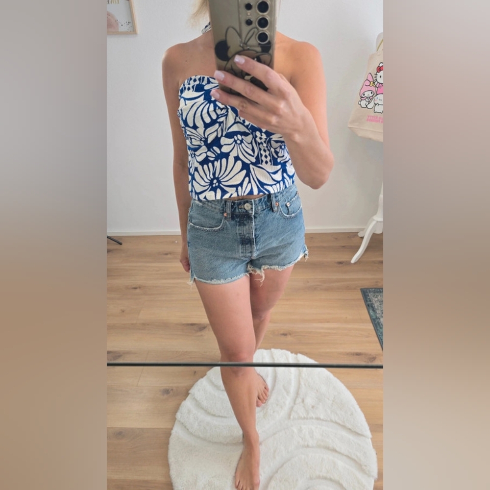Blue and White Floral Strapless Top